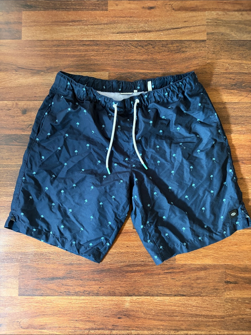Men's Navy Swim Shorts with Teal Palm Print